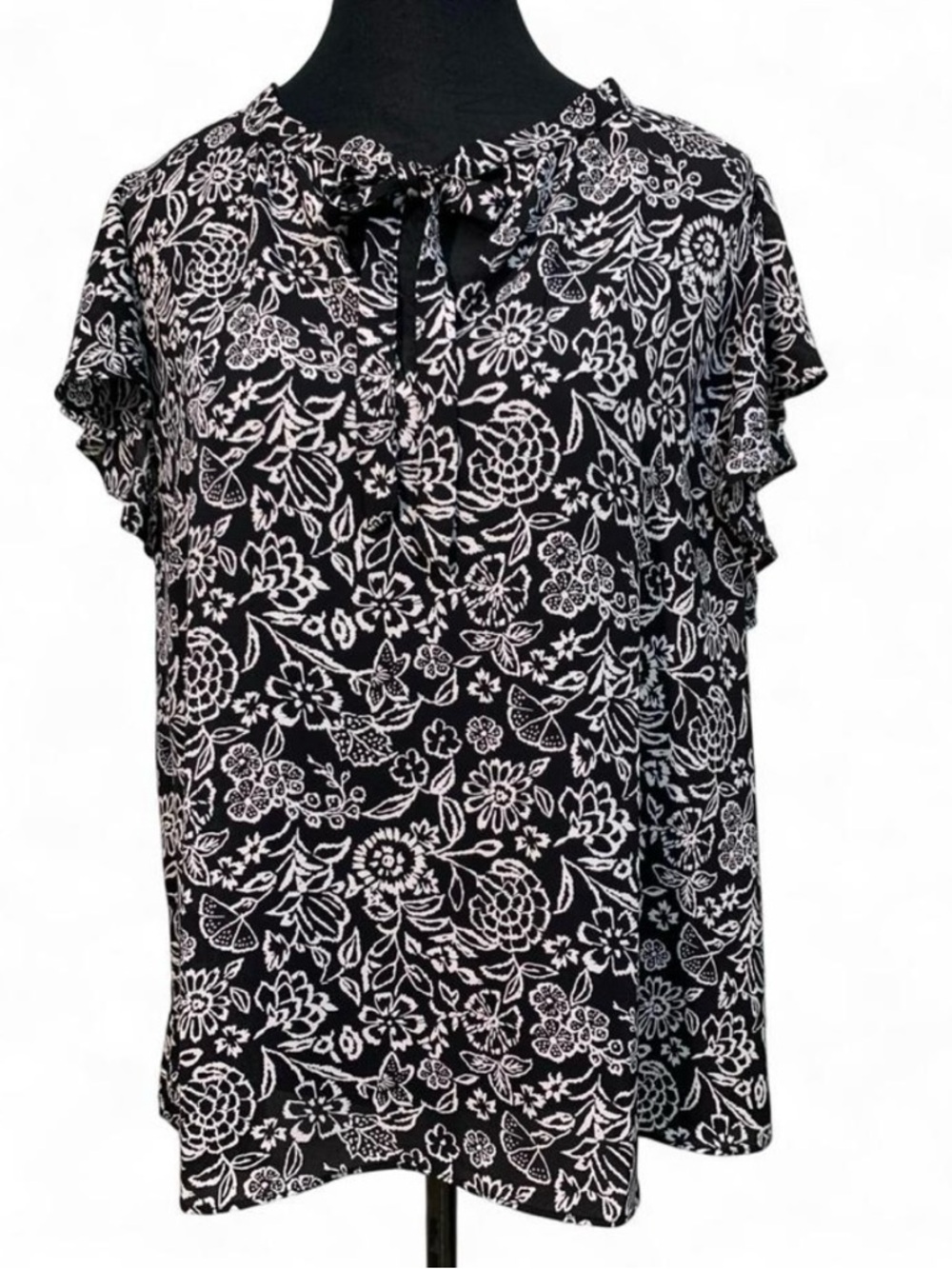 Loft Black and White Floral Flutter Sleeve Tie-Neck Blouse Women’s Sz L